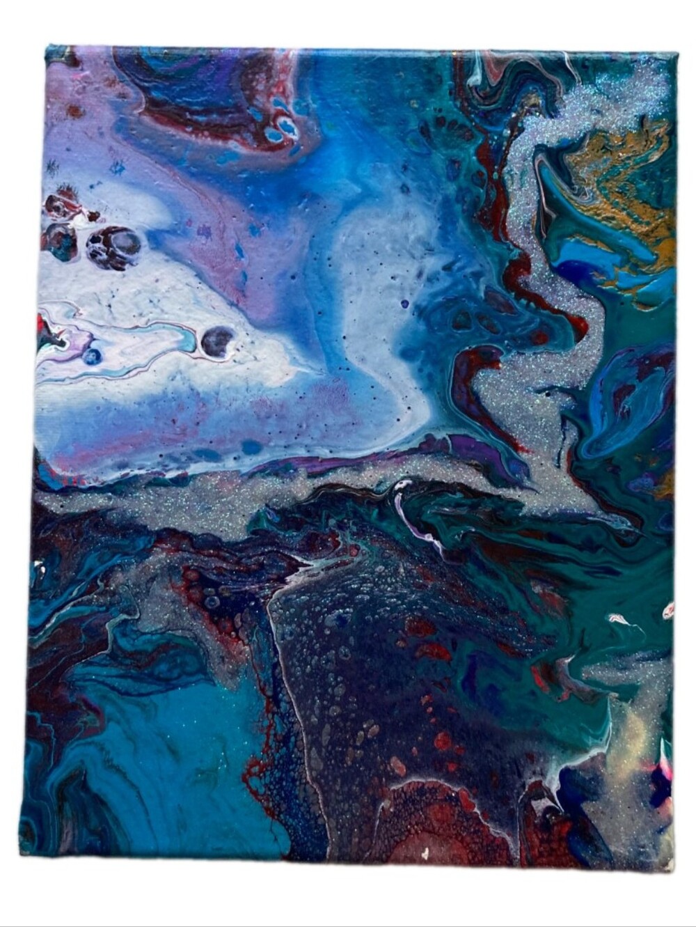 Abstract Fluid Pour Painting Blue Purple Acrylic 8" x 10" Home Decor Wall Art